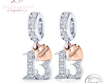 13th Birthday Charm 925 Sterling Silver with Personalised Heart Tag - Daughter or Granddaughter