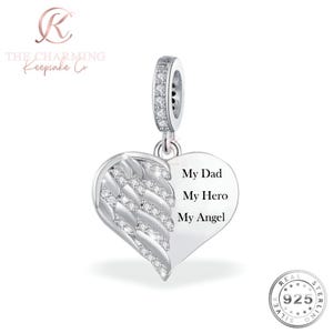 My Dad My Hero Angel Wing Heart Charm Genuine 925 Sterling Silver - Memorial