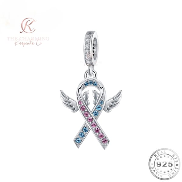 Baby / Infant Loss Awareness Ribbon Charm Genuine 925 Sterling Silver - baby footprints