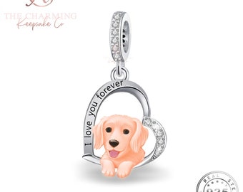 Golden Retriever Dog Charm Genuine 925 Sterling Silver & Rose Gold - I Love You Forever