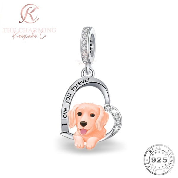 Golden Retriever Dog Charm Genuine 925 Sterling Silver & Rose Gold - I Love You Forever