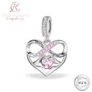 Mother & Daughter Heart Dangle Charm Genuine 925 Sterling Silver
