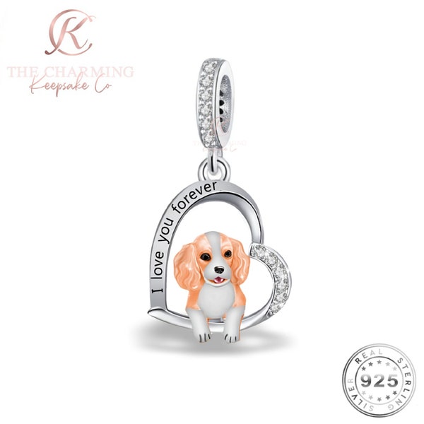 Cavalier King Charles Spaniel Charm I Love You Forever 925 Sterling Silver & Rose Gold