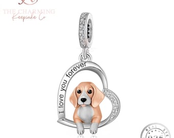 Beagle Dog I Love You Forever Charm Genuine 925 Sterling Silver & Rose Gold