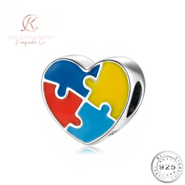 Jigsaw Autism Heart Charm Genuine 925 Sterling Silver