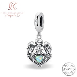 FeatherWish Guardian Angel Baby Dangle Charm – Genuine Sterling Silver 925 – European Style, Oval Clear Stone