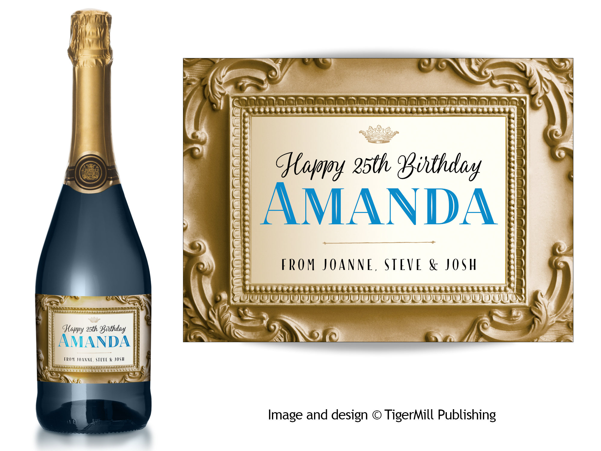 PERSONALISED Champagne bottle label – Shabby chic Gold / Blue – Birthday, Wedding, Graduation, Valentine, any occasion