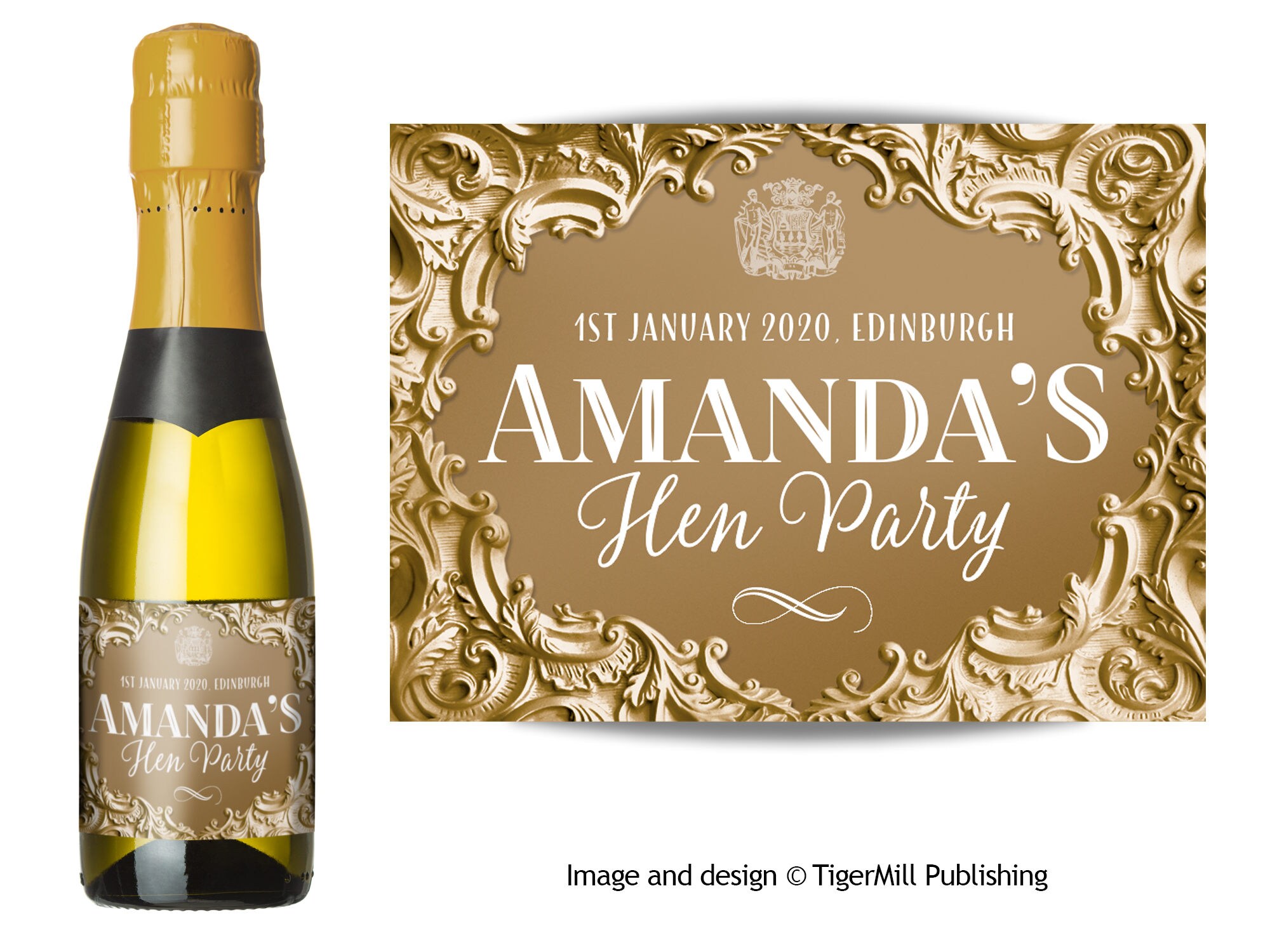 PERSONALISED mini Champagne or mini wine labels – Gold / Gold – Wedding Favour, Hen Night Party, Wedding, Anniversary, any occasion