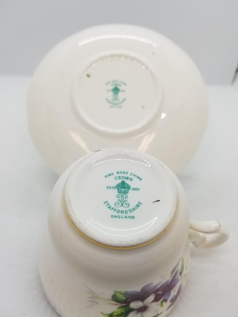 made in England Crown Staffordshire bone china cup and saucer VIOLETS pre-1948