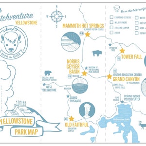 Könnte beinhalten: Eine detaillierte Karte des Yellowstone-Nationalparks mit Illustrationen von Sehenswürdigkeiten und Attraktionen. Die Karte enthält den Text "My Sketchventure Yellowstone" und "Benji the Bison". Das Farbschema ist hauptsächlich blau und weiß.