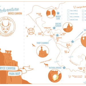 May include: A colorful illustrated map of Bryce Canyon National Park in Utah. The map highlights key points of interest, including the Navajo Loop, Queen's Garden, Inspiration Point, and Bryce Point. The map also includes a compass, a key with symbols for different attractions, and a list of things to look for in the park, such as pronghorn, waterfalls, and sunrise or sunset.