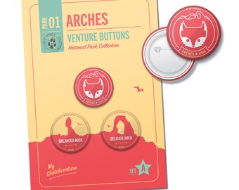 Arches NATIONAL PARK pinback button pins: Motivate hiking at Balanced Rock, Delicate Arch | Great for nature foraging tote | FREE Shipping