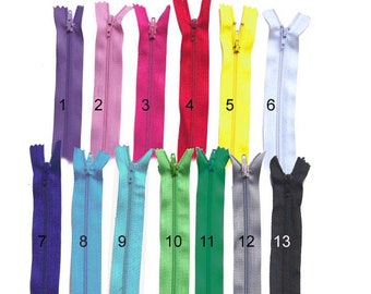 20 zippers, 25 cm, zipper, 25 cm, 10 inch, blue, green, yellow, red, black, white, grey, turquoise, pink, rose