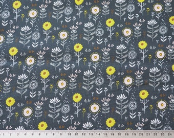 Cotton fabric, flowers, retro, dark gray, yellow, lemon yellow