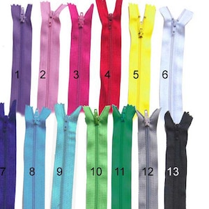 50 zippers, 25 cm, zipper, 10 inch, all colors, blue, green, yellow, turquoise, red, pink, black, white