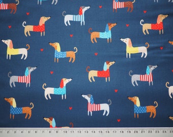 Cotton fabric, dogs, dachshunds, children's fabric, stripes, dots