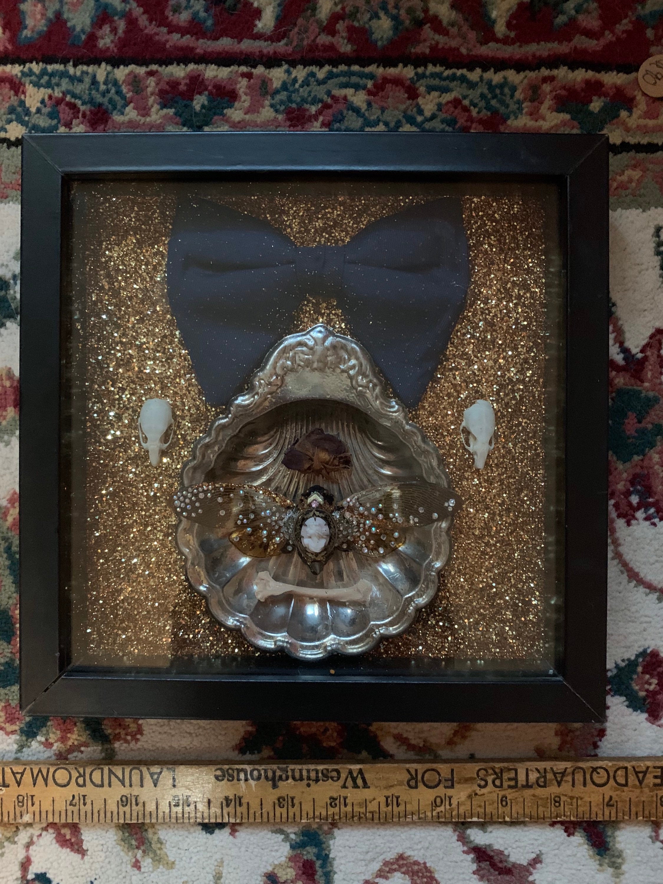 Glitter shadow box with vintage dish and bowtie Etsy