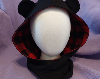 Black and Buffalo Check Bear Ear Hooded Cowl