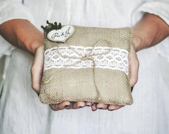 Rustic Ring Bearer Pillow Barn Wedding Ring Pillow Initials&Moss Burlap and Lace Pillow Bearer Ring Holder Woodland Wedding Ceremony Cushion