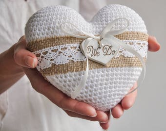 Ring Bearer Pillow White Wedding Ring Pillow with Wood Heart Personalized Vintage Alternative Wedding Unique Ring Cushion Engagement Bearer
