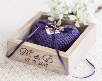 Ring Box Wedding Ring Box Bearer Personalized Ring Holder Crochet Heart Pillow in Rustic box Proposal Ring Box Ring Holder Lavender Keepsake