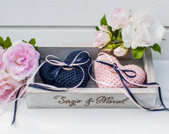 Double Ring Box Custom Ring Holder Wedding Ceremony Pillow Crochet Heart Cushions Wedding Proposal Ring Bearer Box for Bride and Groom Names