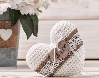 Wedding Ring Pillow Holder Ring Pillow Bearer Personalized Wedding Ceremony Keepsake Decor Rustic Wedding Ring Pillow Crochet Heart Pillow