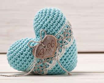 Beach Wedding Ring Pillow Holder Personalized Ring Bearer Wedding Ceremony Keepsake Engagement Monogram Mint Crochet Heart Decor Cushion