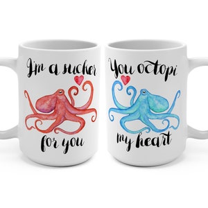 Octopus Mug Gift Set of 2 for Couple, Funny Matching Coffee Cups for him or her, Wedding Anniversary, Funny Newlyweds Present, Bride & Groom