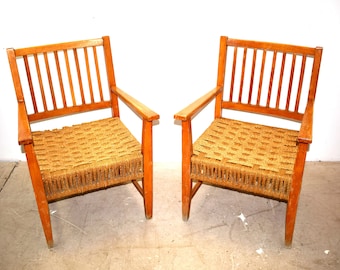 Italian Wood & Cord Lounge Chairs, 1940s, Set of 2