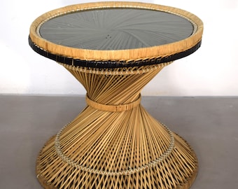 Mesa de centro de paja y cristal ahumado, Italia, años 70.