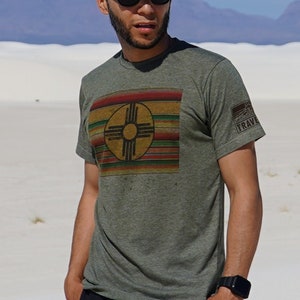 New Mexico T-Shirt, Soft Breathable Wicking Modern Fit Shirt, Serape Flag Pattern, Zia Enthusiast Tee, Shop Small