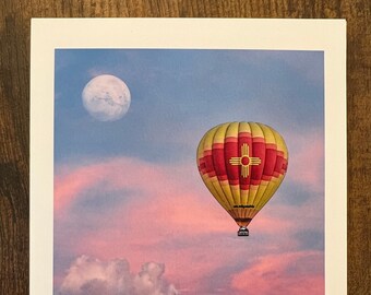 Dreamy New Mexico Skies, Hot Air Balloon Archival Print, Moon, Sunset, Clouds, Photography