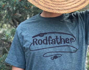 Fishing T-Shirt, Super Soft Breathable Wicking Modern Fit Poly Cotton Blend Shirt, Dad Shirt, Rodfather, Shoulder Print