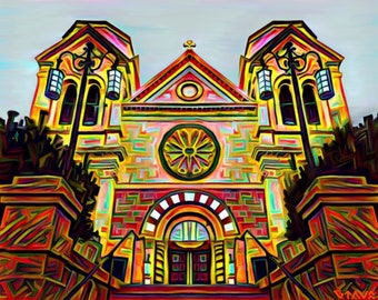 Church Fine Art Print, Modern Abstract Santa Fe Cathedral Archival Giclee Print, Basilica of St. Francis of Assisi, Old Town Plaza