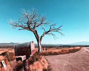 Taos Print, New Mexico tree, Gorge, mailbox, archival Giclée fine art print, mixed media photography, road, field, scenic wall decor