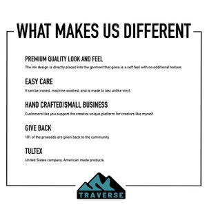 May include: Text graphic with the words "WHAT MAKES US DIFFERENT" in black text on a white background. The text below lists the following: "PREMIUM QUALITY LOOK AND FEEL", "EASY CARE", "HAND CRAFTED/SMALL BUSINESS", "GIVE BACK", "TULTEX". The text below the list reads "United States company. American made products."  A logo with the word "TRAVERSE" in black text on a white background with a mountain range graphic in blue and black.