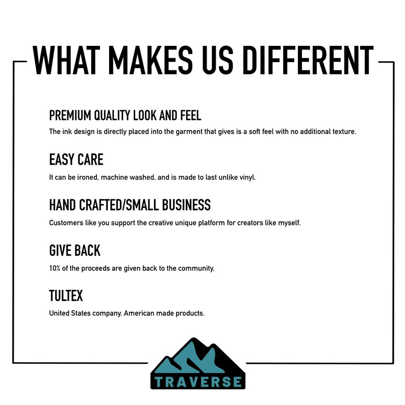 May include: Text graphic with the words "WHAT MAKES US DIFFERENT" in black text on a white background. The text below lists the following: "PREMIUM QUALITY LOOK AND FEEL", "EASY CARE", "HAND CRAFTED/SMALL BUSINESS", "GIVE BACK", "TULTEX". The text below the list reads "United States company. American made products."  A logo with the word "TRAVERSE" in black text on a white background with a mountain range graphic in blue and black.