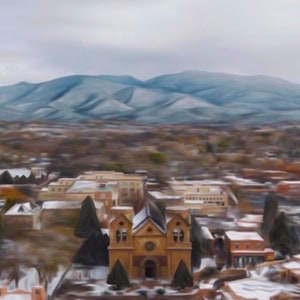 Santa Fe Art Print, Cathedral Painting, Sangre de Cristo Mountains Archival Fine Art Giclee, Snow, New Mexico, Shop Small Local Artist
