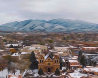 Santa Fe Art Print, Cathedral Painting, Sangre de Cristo Mountains Archival Fine Art Giclee, Snow, New Mexico, Shop Small Local Artist