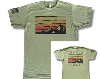 Sandia Sunset T-Shirt: Mountain Soft Breathable Poly-cotton Wicking Modern Fit Shirt, Front and Back Design, Sleeve Logo Print, TraverseNM