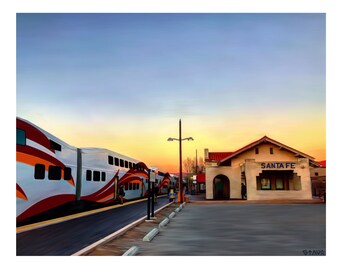 Santa Fe Train Depot Fine Art Print, Railrunner Archival Giclee Print, New Mexico Sunset Painting, Local Artist