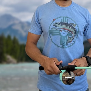 Fishing T-Shirt, Super Soft Breathable Wicking Modern Fit Poly Cotton Blend Shirt, New Mexico Fisher Enthusiast, Front Back & Shoulder Print