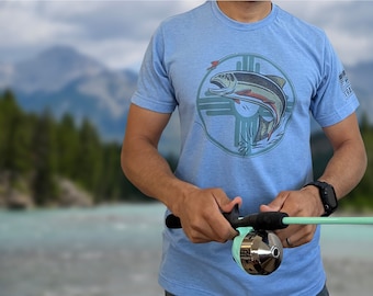 Fishing T-Shirt, Super Soft Breathable Wicking Modern Fit Poly Cotton Blend Shirt, New Mexico Fisher Enthusiast, Front Back & Shoulder Print