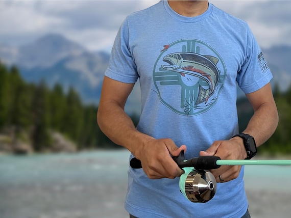 Fishing T-Shirt, Super Soft Breathable Wicking Modern Fit Poly Cotton Blend Shirt, New Mexico Fisher Enthusiast, Front Back & Shoulder Print