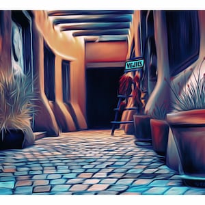 May include: A cobblestone alleyway with terracotta walls and a blue sign that reads "VEJILS".  There are potted plants and a ladder in the alleyway.