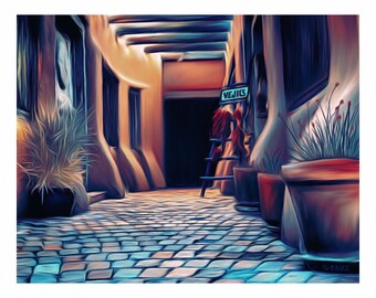Old Town Print, Archival Fine Art Giclee, Ristra, Adobe Architecture, Potted Plants, Viga, Brick Path, Ladder, Shop Small Local Artist