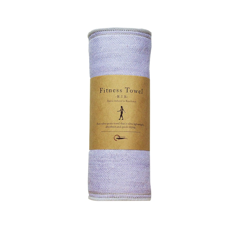 May include: A rolled up purple fitness towel with a brown label that reads "Fitness Towel -R.I.B- Rayne Infused with Binchotan Anti odor sports towel that is ultra lightweight, absorbent and quick-drying."