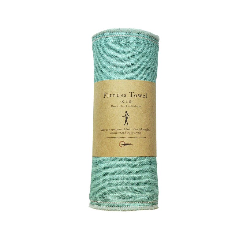 May include: A rolled up turquoise blue fitness towel with a brown label that reads "Fitness Towel - R.I.B - Rayon Infused with Bamboo" and "Anti-odor sports towel that is ultra lightweight, absorbent and quick-drying".