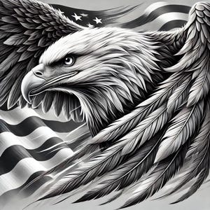 May include: A black and white illustration of a bald eagle with its wings spread wide, flying over an American flag. The eagle's head is turned to the side, and its eyes are focused on something in the distance.